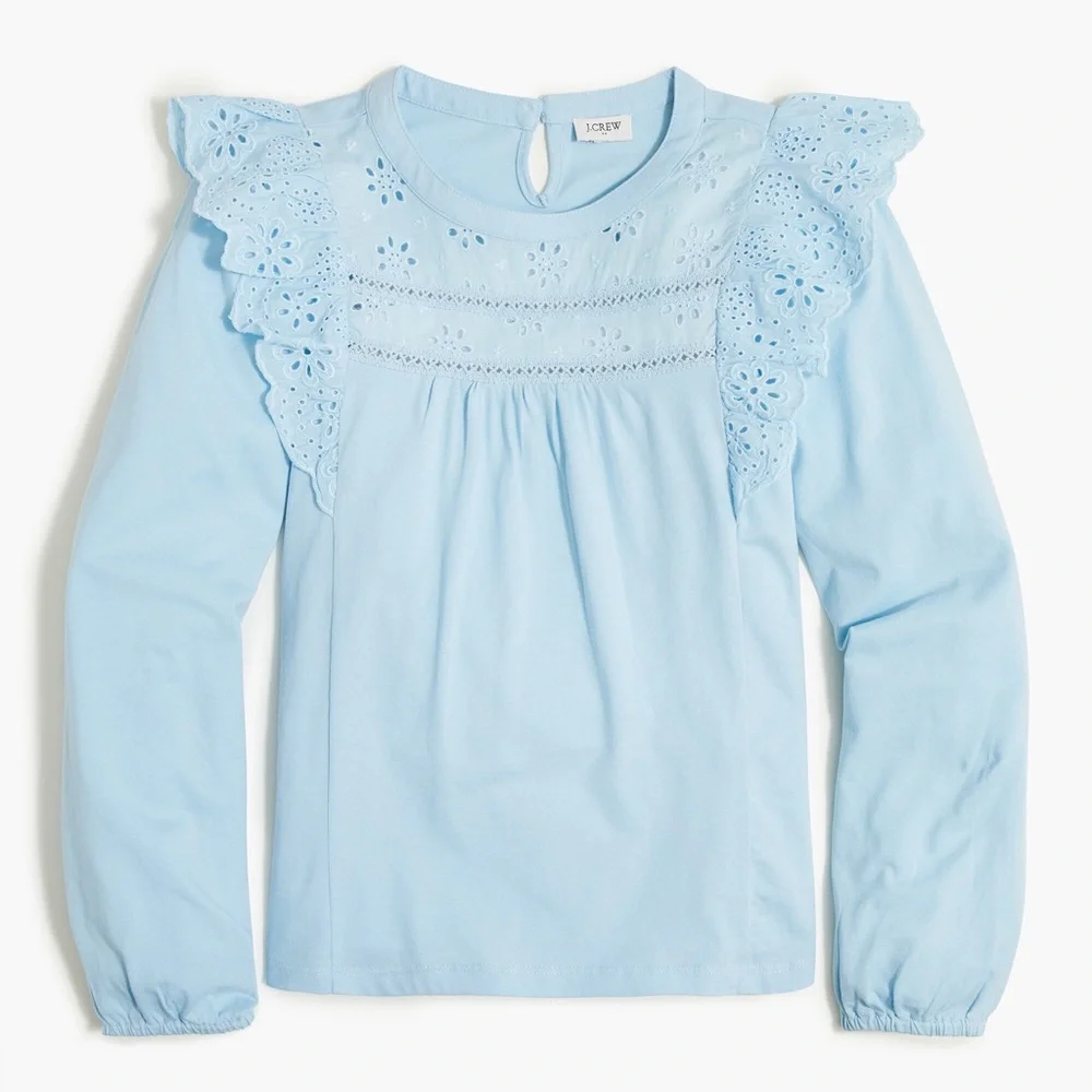 J Crew Womens Long Sleeve Eyelet Ruffle Top Size S Cotton Loose Pullover Blue